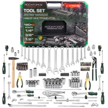 ΣΕΤ ΕΡΓΑΛΕΙΑ 180+2 ΤΕΜΑΧΙΑ 1/4″, 3/8″, 1/2″ - ROCKFORCE